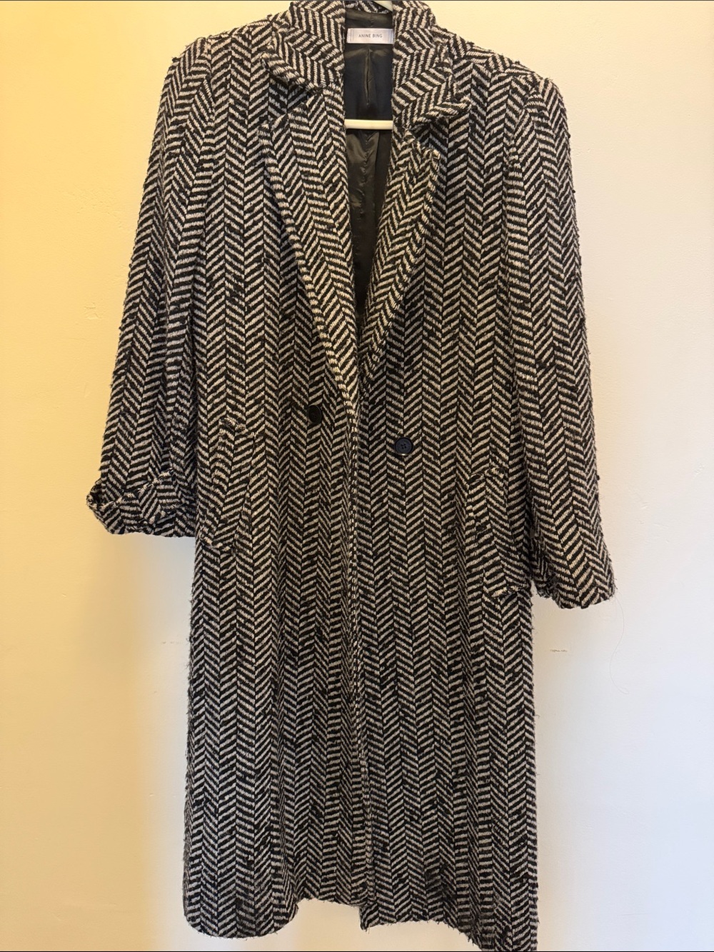 Anine Bing Black & Grey Herringbone Long Coat